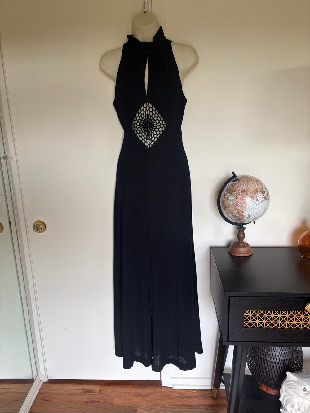 Vintage 70s Black Halter Maxi Dress with Diamond crochet Cutout